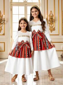 Young Girls White Splice Red Vintage Floral Mesh Midi Dress,Autumn Puff Sleeve Princess Dress - Multicolor - View 4