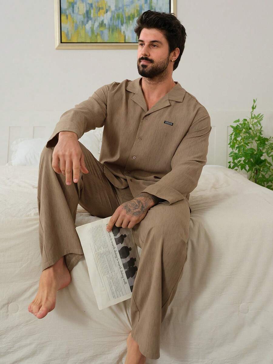 DAZY Men's Casual Shirt And Pajama Set, Suitable For Spring And Autumn - Khaki - View 1