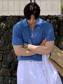 DAZY Áo polo cổ lọ màu xanh dương trơn dành cho nam, thích hợp mặc mùa hè. - Màu xanh lam - Xem 6