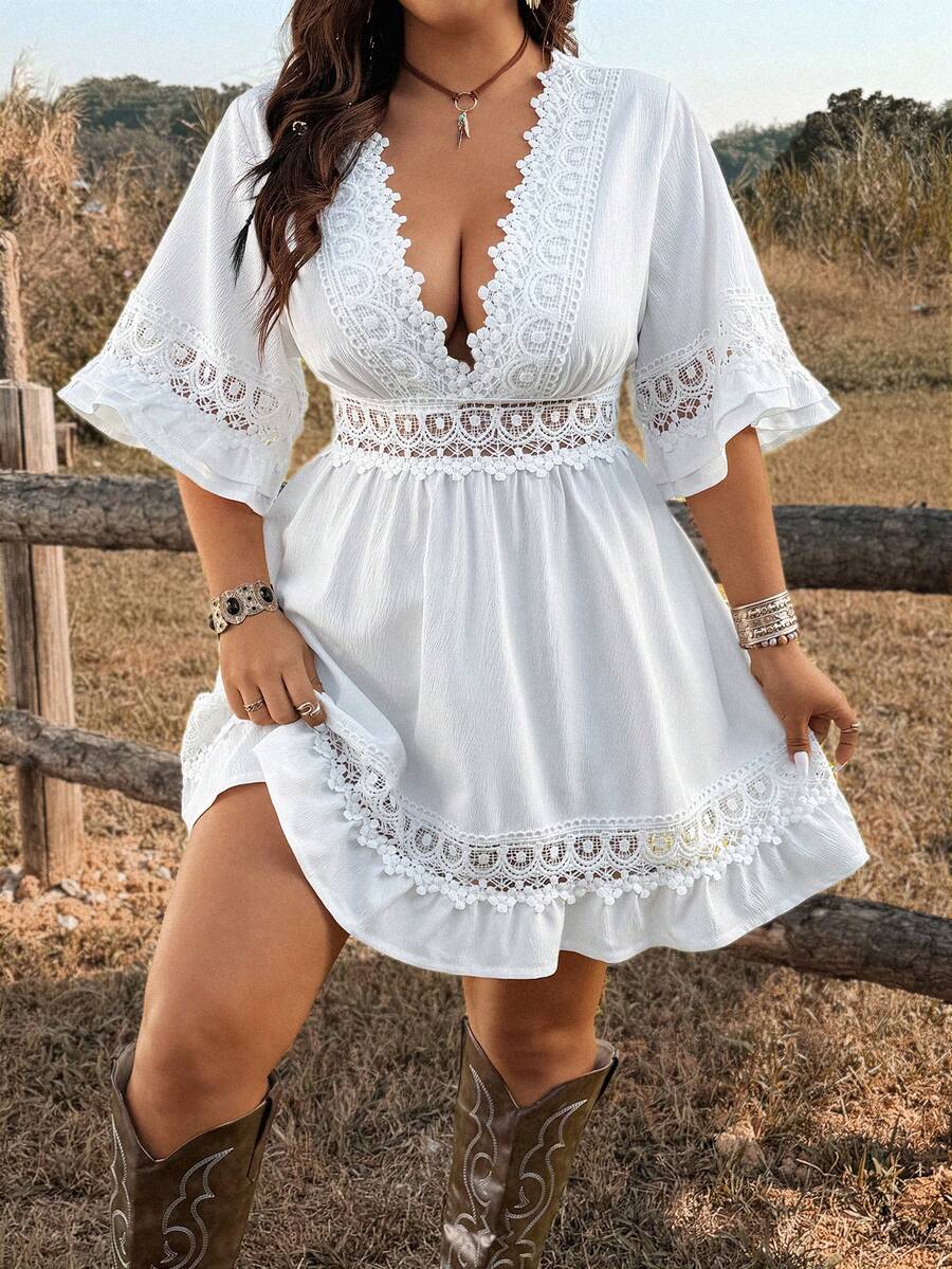 Ceyna Đầm nữ cỡ lớn màu trắng tay ngắn mùa hè, kiểu dáng thường ngày, cổ chữ V, ren, eo khoét, dáng chữ A ôm sát. - trắng - Xem 1