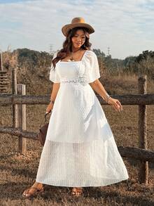 Ceyna Plus Size Solid Color Textured Elegant Lace Patchwork Sweet Fresh Casual Dress - White - View 4