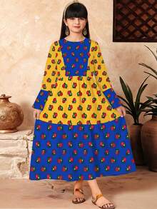Tween Girls' Casual Minimalist Round Neck Long Sleeve Maxi Waist Cinched Dress, Suitable For Spring/Autumn, Festivals, Outings, Sisters - Multicolor - View 2