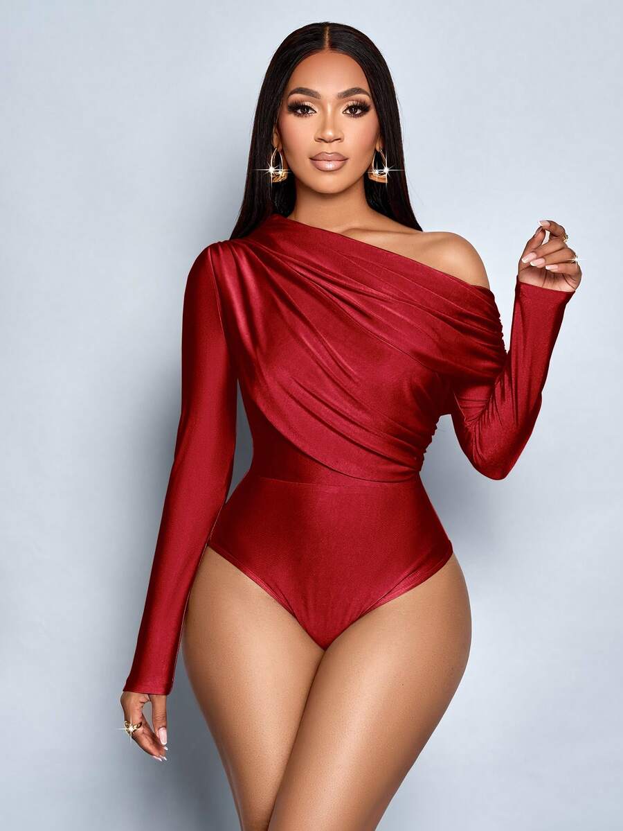 SOLERSUN 秋冬女装，休闲日常，优雅通勤，派对装，杏色，浅卡其色，光泽针织面料，露肩不对称领口，肩部褶裥，弧形拼接，长袖，连体衣 - 酒紅色 - 查看 1