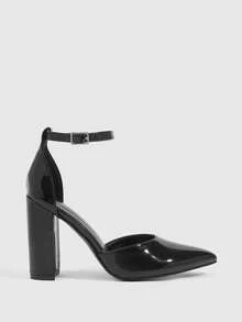 CUCCOO SZL Giày cao gót nữ mũi nhọn đế dày có khóa trang trí, giày bít mũi giả da lộn màu đen thanh lịch, quai ngang mắt cá chân, thích hợp cho mùa hè, lễ tốt nghiệp, dạ hội, du lịch, tiệc tùng, phong cách cá tính, tiệc đêm, đi chơi, mùa xuân, lễ Phục sinh, Giáng sinh. - Gương màu đen - Xem 2