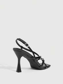 CUCCOO SZL New Square Toe Thin Heel Sandals Women, Patent Leather Criss-Cross Stilettos Metal Buckle Open Toe High Heels Valentine's Day - Black - View 3