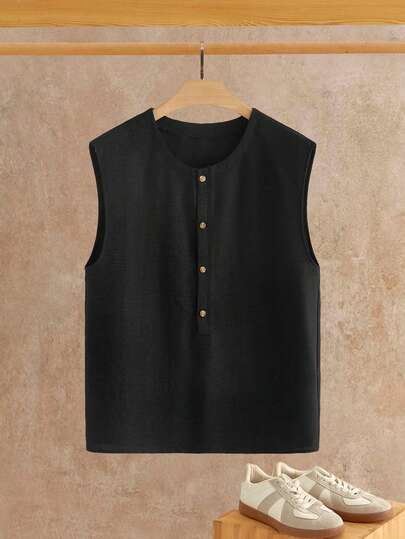 HIMLAND 男士纯色圆领前扣休闲背心，夏季