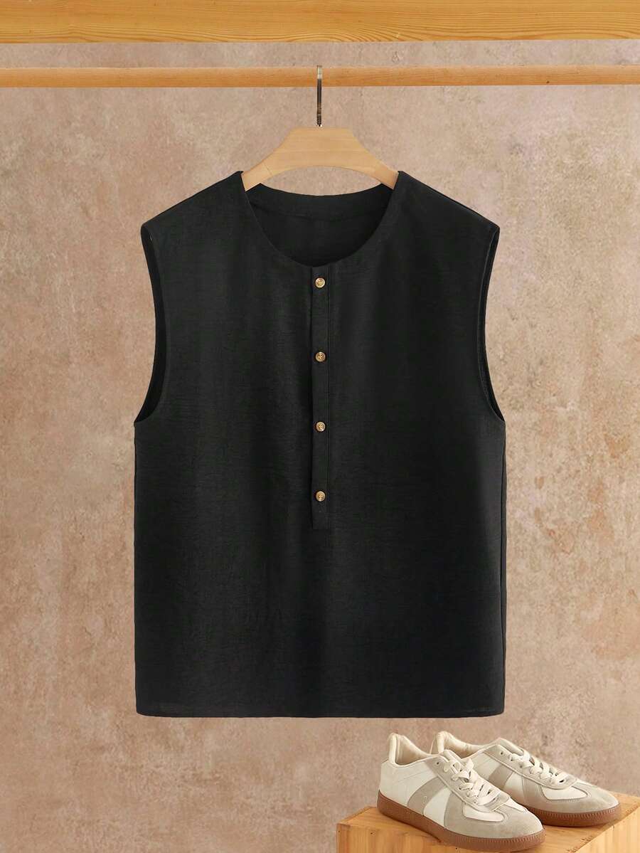 HIMLAND 男士纯色圆领前扣休闲背心，夏季