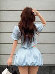 K-Vae Women's Striped Cinched Waist Sexy Bubble Sleeve Shirt And Super Short Bubble Skirt 2 Pieces Set - Baby Blue - View 2
