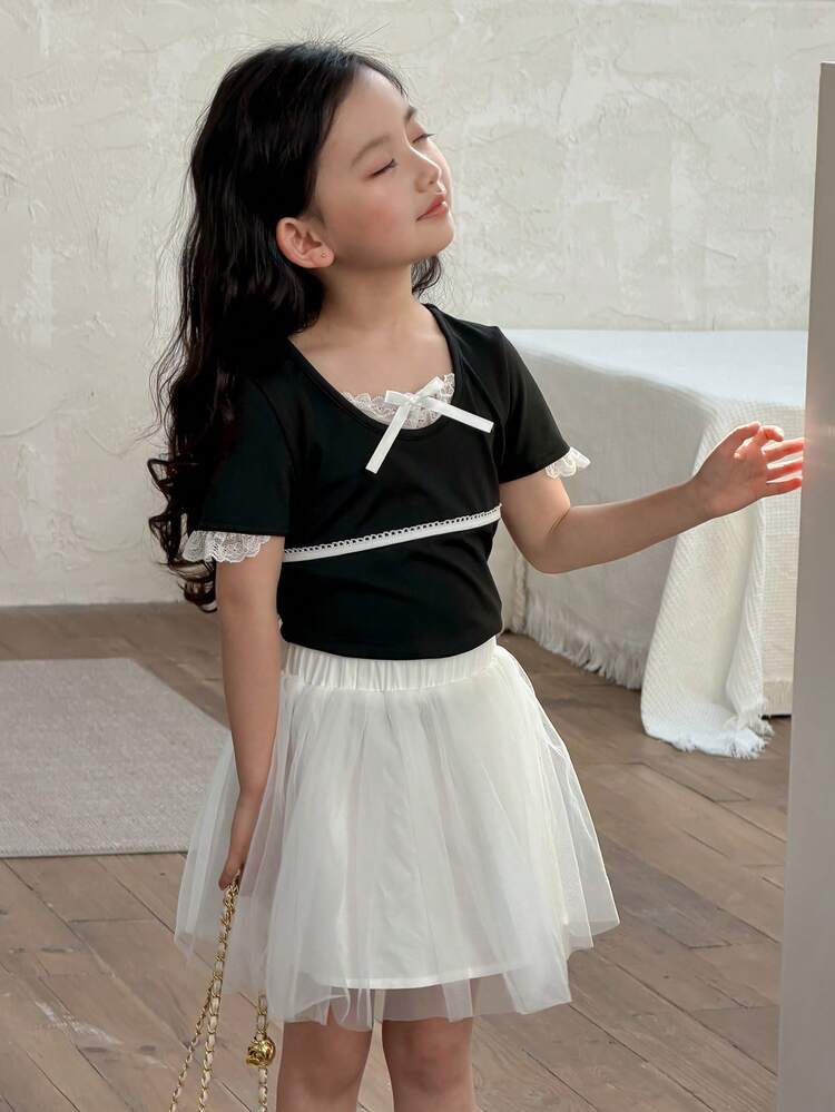 Young Girls Contrast Lace Short Sleeve T-Shirt, Fall Clothes