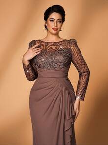 Serin Váy voan voan dài tay họa tiết hoa đính ngọc trai và sequin sang trọng, thanh lịch cỡ lớn, viền đuôi cá xếp nếp, thích hợp cho đám cưới, tiệc tùng, kỳ nghỉ, dạ hội, váy dạ hội cho mẹ cô dâu - màu nâu - Xem 2