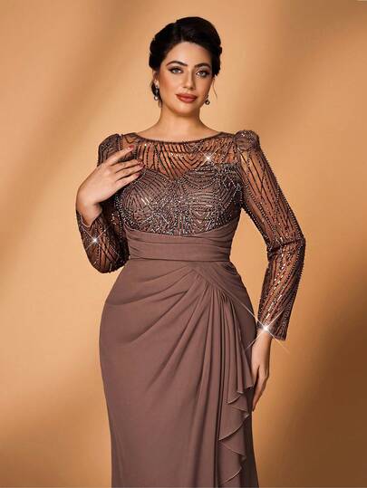 Serin Plus Size Elegant Luxurious Pearl & Sequin Floral Sheer Long Sleeve Chiffon Ruffle Mermaid Hem Dress, Suitable For Weddings, Parties, Vacations, Galas, Mother Of The Bride Formal Gowns