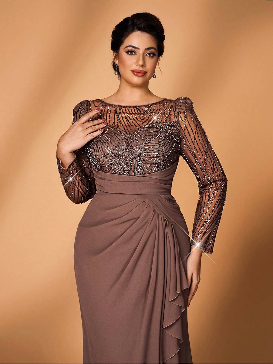 Serin Váy voan voan dài tay họa tiết hoa đính ngọc trai và sequin sang trọng, thanh lịch cỡ lớn, viền đuôi cá xếp nếp, thích hợp cho đám cưới, tiệc tùng, kỳ nghỉ, dạ hội, váy dạ hội cho mẹ cô dâu