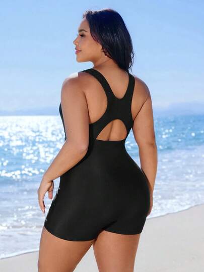 Swim SPRTY Plus Size Women One-Piece Sexy Backless Solid Color Sports Swimsuit, Suitable For Beach, Surfing, Diving, Sports