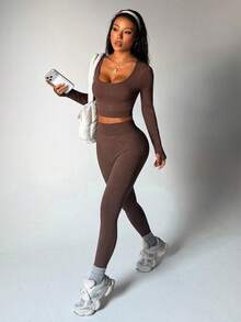 Dewbera Women's Solid Color Cropped Top And Leggings Sports Suit - Brown - View 2