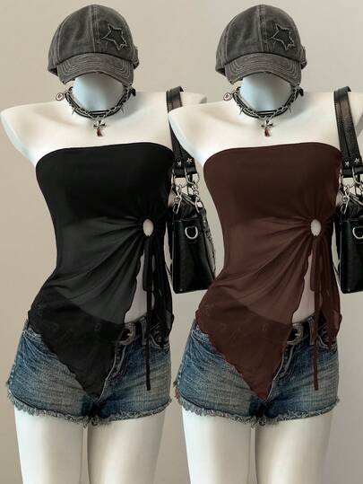 SHEIN EZwear 2 piezas Blusa asimétrica con dobladillo asimétrico y cordón de mujer con ribete de lechuga