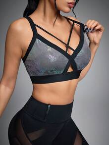 Innovista Sujetador deportivo de moda para mujer con recortes de contraste y calado, para verano - Gris Oscuro - Ver 4