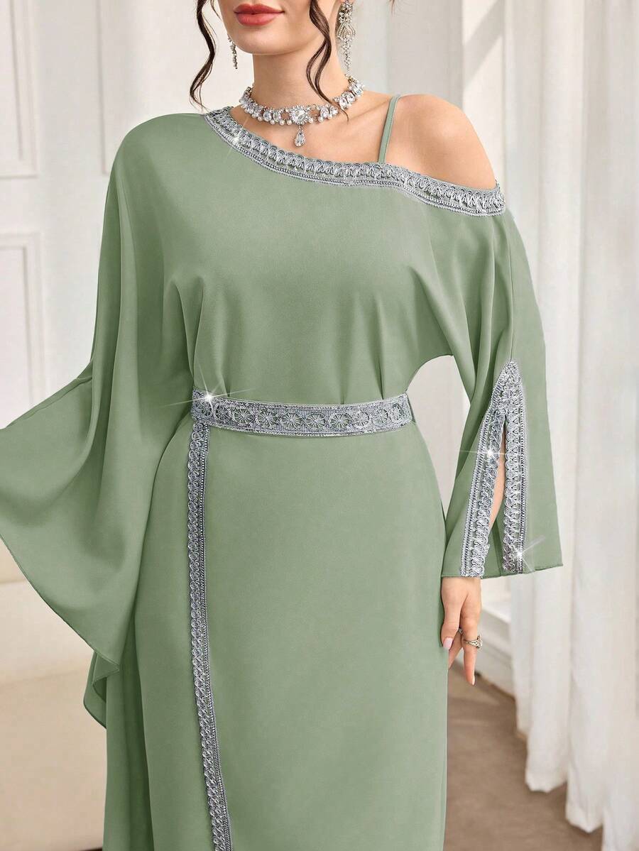 Al Najma Đầm nữ thanh lịch phối ren và ruy băng kiểu Ả Rập, thích hợp cho mùa thu. - màu xanh lá - View 1