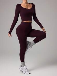 Dewbera Women's Seamless Fitted High Waist Slimming Sports Long Sleeve Top And Pants Set - Coffee Brown - View 5