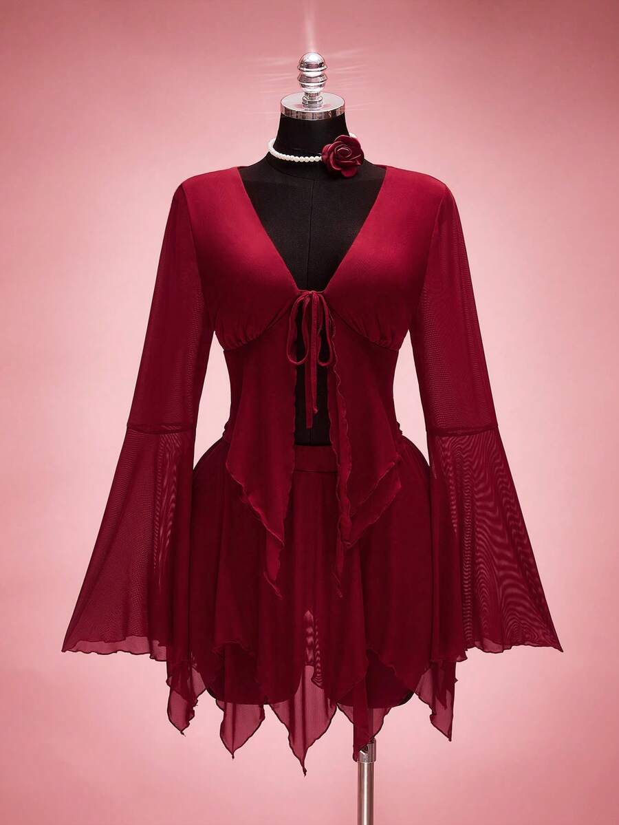 SHEIN ICON 大码Y2K风格前系带V领喇叭袖网纱上衣，不规则下摆网纱半裙，优雅套装，适合情人节、约会、派对等场合，春秋季皆宜。 - 酒紅色 - 查看 1