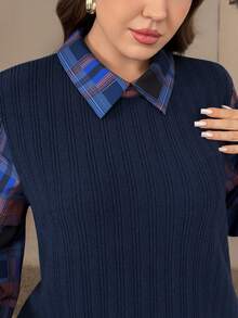 SHEIN LUNE 大码女装秋冬格子图案撞色袖衬衫领长袖情人节女装夏季女装休闲假日女装感恩节连衣裙节日派对连衣裙女装 - 黑色 - 查看 3