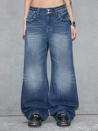 ROMWE Avant Jeans acampanados de cintura baja y diseño de remaches vintage desgastados para mujer