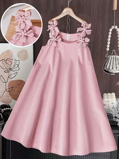 SHEIN Vestido de columpio con tirantes y flores 3D para niña preadolescente, adecuado para uso diario o fiestas, primavera/verano/otoño