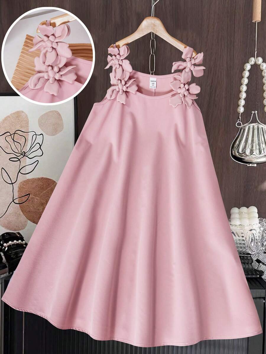 SHEIN 少女手工3D立体花朵吊带连衣裙，适合日常穿着或参加派对，春夏秋季皆宜。