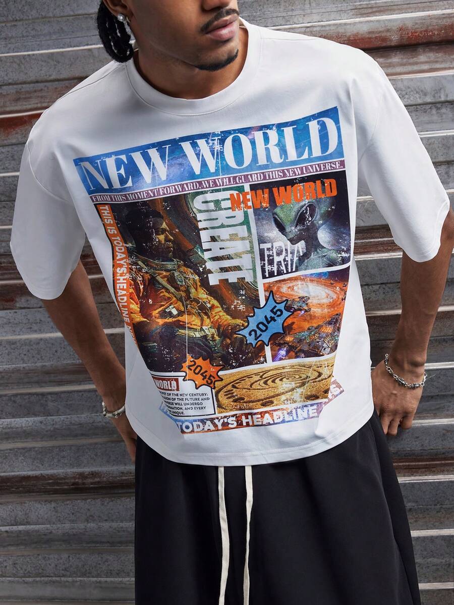 AXEPEAK 男士字母和数字印花圆领短袖休闲百搭T恤 - 白色 - 查看 1