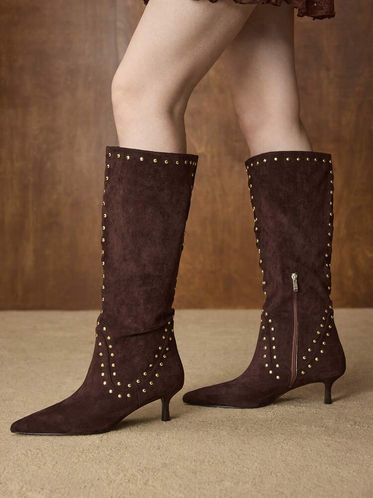 WOMEN STUDDED POINT TOE KNEE-HIGH BOOTS FOR CHRISTMAS