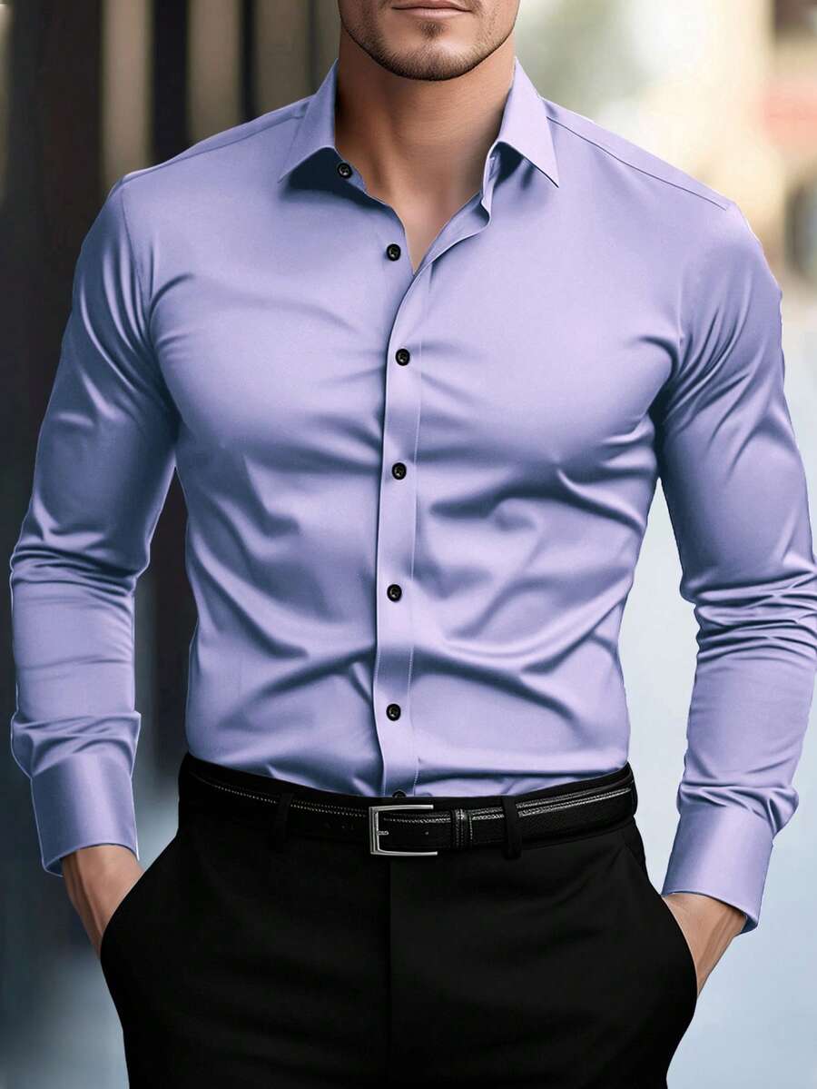 Manfinity Mode 男士素色長袖單排扣襯衫，夏季休閒端莊商務正裝，修身版型，優雅老錢風，適合典禮場合 - 紫丁香色 - 查看 1
