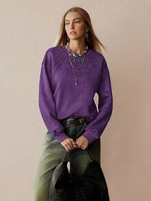 Florisole Women's Elegant Casual Studded Faux Distressed Print Sweatshirt - Purple - View 5
