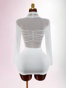 Amplova 女士秋季时尚长袖褶皱修身迷你连衣裙 - 白色 - 查看 2