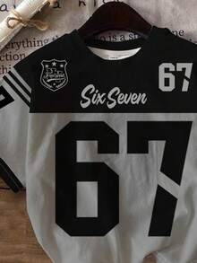 SHEIN Áo thun ngắn tay in hình số 7 và 6 cho bé trai, phong cách đường phố năng động, thiết kế thể thao cổ điển, in số 6 và 7, hình huy hiệu trường học cá tính, thích hợp cho mùa xuân/hè. - Nhiều màu - Xem 6