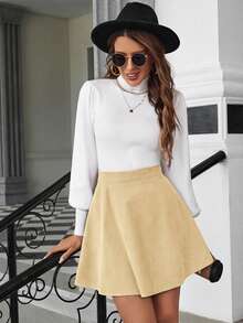 Serisse Solid Corduroy Flare A-Liner Brown Skirt - Apricot - View 5