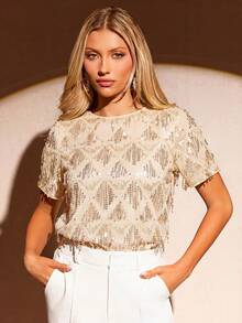 Amorya Women's Round Neck Sequin Patchwork Fashionable Versatile Commuting Short Sleeve Blouse - Apricot - View 3