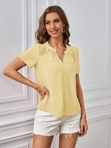 SHEIN Clasi Women's Solid Color Notch Neck Elegant Short Sleeve Blouse, Summer,Summer Top - Light Yellow - View 6