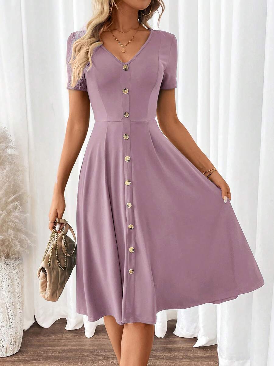 SHEIN Clasi 女士优雅V领短袖A字绿色连衣裙 - 淺灰紫 - 查看 1
