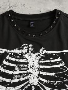 ROMWE MEN Goth Men's Metal Rivet Print Loose Fit Short Sleeve T-Shirt Spring/Summer - Black - View 2