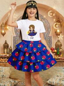 2 Stücke/Set Outfit für Kleine Mädchen, Mädchen Weißes Kurzarm T-Shirt mit Laternendruck und blauer Blumen-Rüschenrock, von Nahost inspirierte Mode - Verschiedenfarbig - Übersicht 1