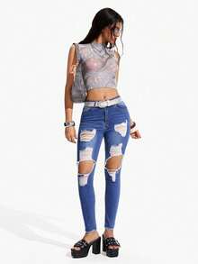 SHEIN Essnce Women's Distressed Skinny Slant Pocket Casual Versatile Jeans - Dark Wash - View 5