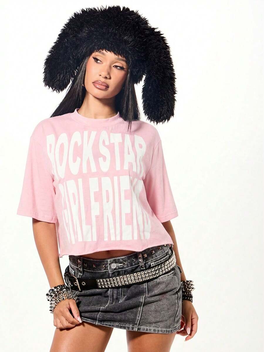 SUMWON WOMEN 女士宽松露脐T恤摇滚女友印花短袖休闲棉质上衣夏季节日街头风 - 淺粉色 - 查看 1