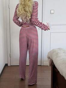 SHEIN 蕾丝边方领双扣条纹印花长袖上衣和裤子睡衣套装，女士长袖条纹睡衣套装，红色女士睡衣套装，女士秋冬睡衣套装 - 酒紅色 - 查看 2