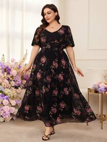 Modelyn Plus Size Floral Print Chiffon Puff Sleeve A-Line Midi Dress, Romantic For Spring/Summer - Multicolor - View 3