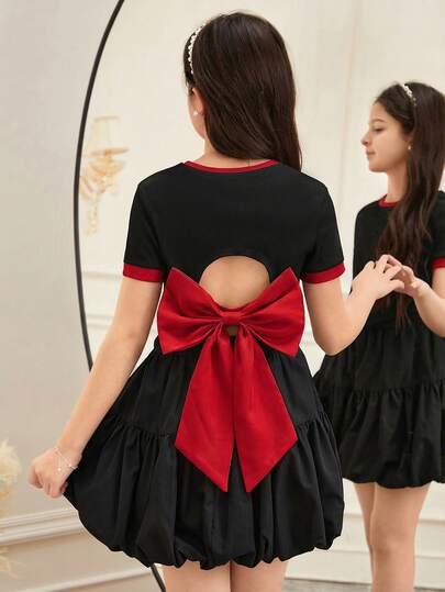 SHEIN Tween Girls Solid Color Contrast Fitted Cropped Backless Organza Bow Decor Short Sleeve T-Shirt, Fashionable French Elegant, Back To School, Y2K, Sweet & Cool Lady Style Summer Outfits