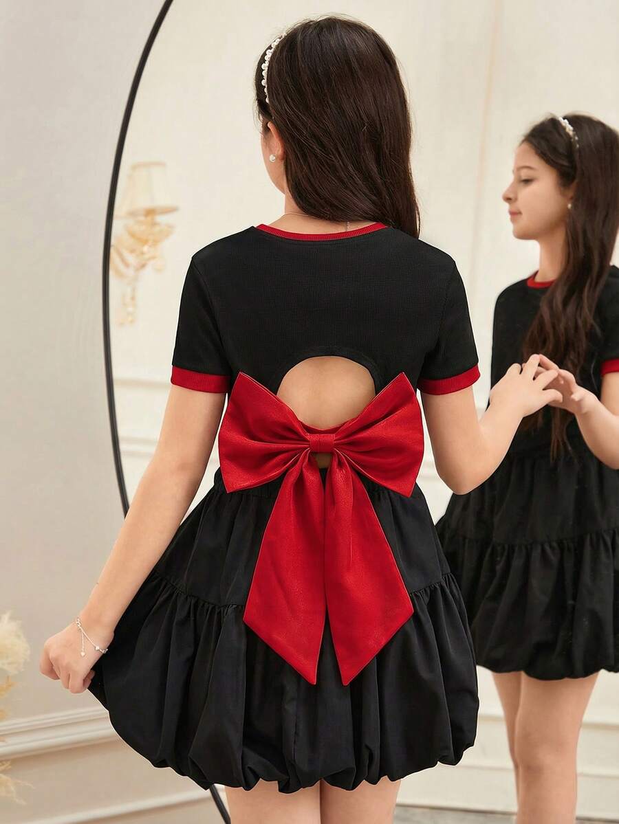 SHEIN Tween Girls Solid Color Contrast Fitted Cropped Backless Organza Bow Decor Short Sleeve T-Shirt, Fashionable French Elegant, Back To School, Y2K, Sweet & Cool Lady Style Summer Outfits