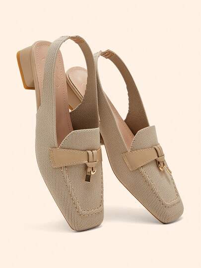 CUCCOO BASICS 女士时尚方头粗跟杏色针织面料露跟鞋，后跟带设计，休闲舒适透气，适合日常、工作、约会、派对、假日穿着