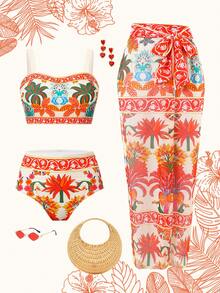 Swim Oasis 三件套女士泳衣套装，抹胸式高腰比基尼泳裤和腰部系带裙，南美风印花优雅度假沙滩泳装套装 - 彩色 - 查看 1
