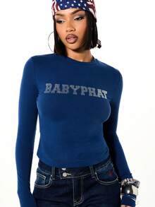 BABYPHAT Áo thun dài tay ôm dáng cổ tròn in logo đính đá lấp lánh, kiểu dáng thời trang thường ngày. - Màu xanh hải quân - Xem 7