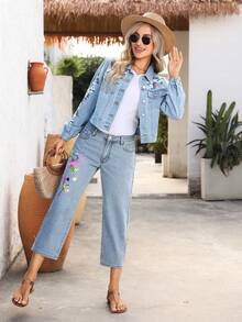EMERY ROSE Women's Floral Embroidered Long Sleeve Single-Breasted Casual Denim Jacket - Light Wash - View 4
