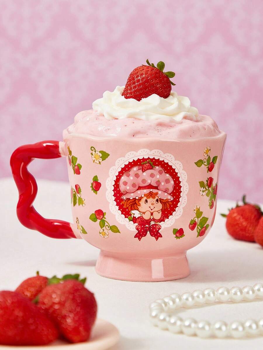 Strawberry Shortcake X SHEIN 1 件 10.14 盎司/300 毫升卡通人物图案陶瓷杯，可微波炉和洗碗机清洗，适用于水、牛奶、果汁、咖啡、哥特式、爱情、维多利亚时代、哥特式、万圣节 - 彩色 - 查看 1